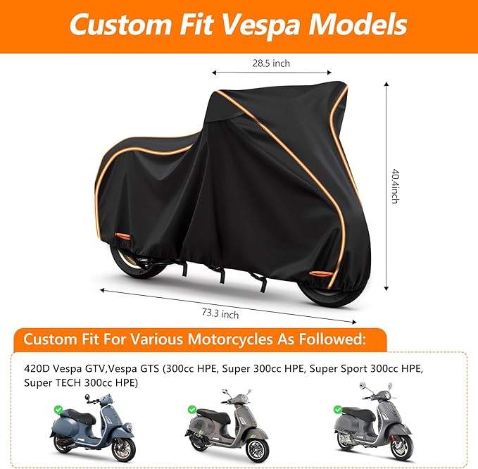 Waterproof Motorcycle Cover for Vespa GTV,Vespa GTS (Super 300cc HPE,Sport, TECH 300cc HPE), Outdoor 420D Scooter Cover Windproof Heavy Duty Waterproof Protection