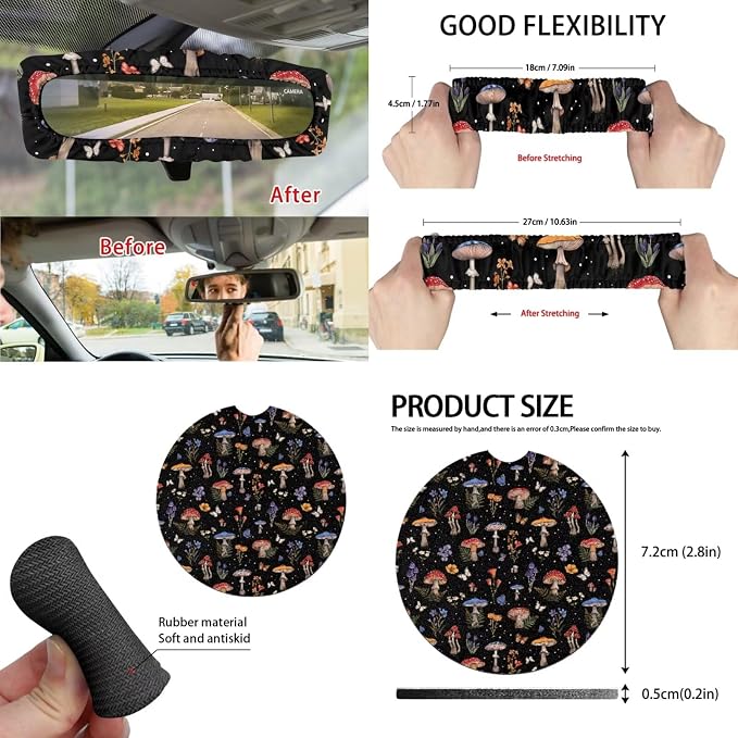 Mushroom Car Seat Cover Full Set 15 PCS, with Auto Steering Wheel Cover Seatbelt Shoulder Pad Coasters Garbage Bin Rear View Mirror Cover Keychain