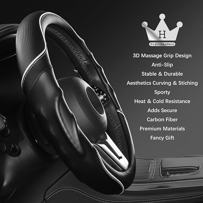 HighnessHwoo 3D Car Steering Wheel Cover Comfort Grip Massage Sporty Anti-Slip Carbon Fiber Faux Leather for Sedan SUV, Universal Fit, Car Handle Covers for All Seasons, 14.75-15.15in, White