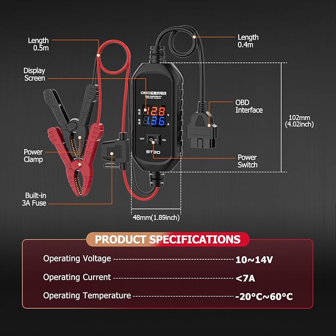 OBD2 Car Memory Saver Cable, with 3A Fuse & 2 Alligator Clips OBD II Vehicle ECU Emergency Power Supply Cable, Over-Current, Over-Voltage, Polarity Reverse Protection