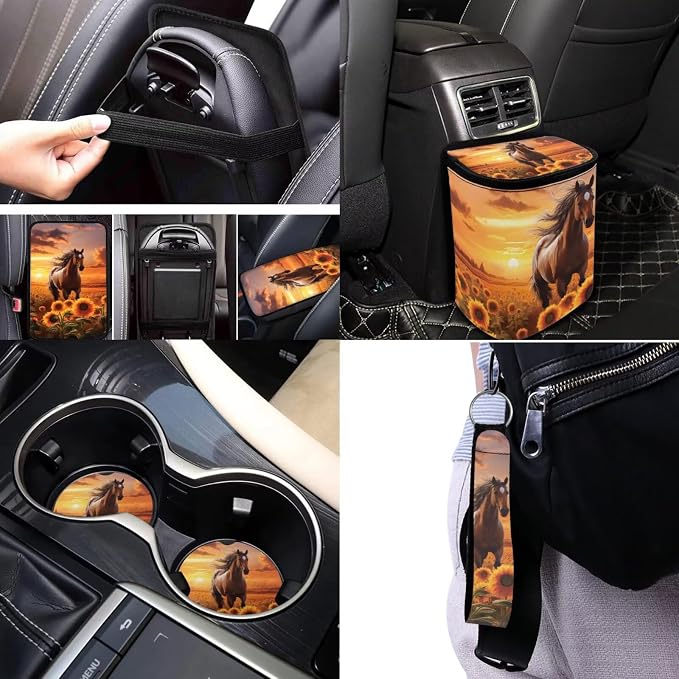 17 Pieces Horse Car Seat Covers Full Sets with Front and Split Rear Bench,Sunflower Car Accessories for Women Man,Automotive Interior with Auto Trash Bag Headrest Covers,Universal Fit