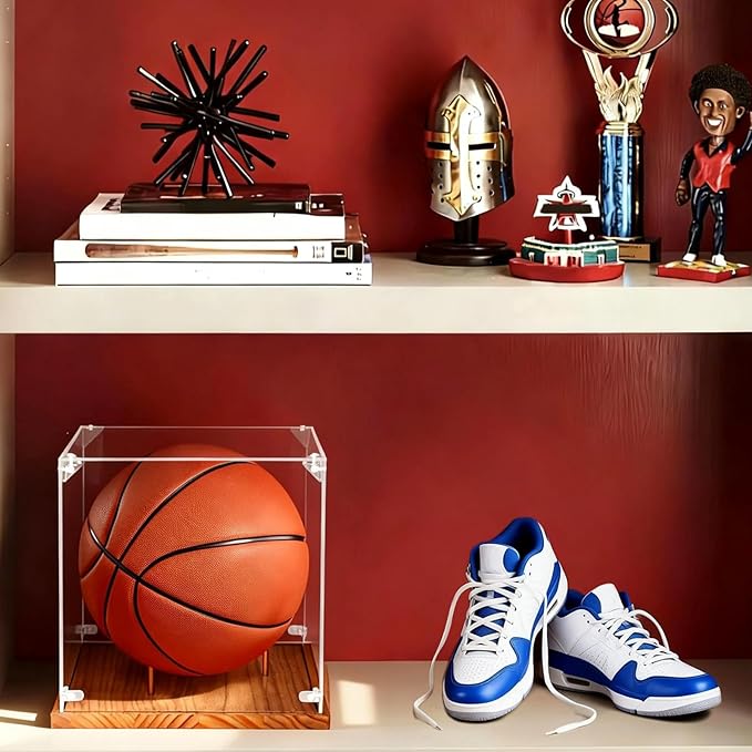 Clear Acrylic Basketball Display Case with Wood Base & Tee, Memorabilia Stand Cube Holder, Dust Protection Transparent Storage Box for Single Ball Souvenir Basketball Collections