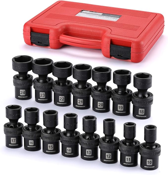 MIXPOWER 15-piece 1/2" Drive Shallow Universal Impact Socket Set, 6 Points, Metric, 10-24mm, Swivel Socket with Flexible Wobble, CR-MO, Heavy Duty Storage Case… B08JTJVV8M