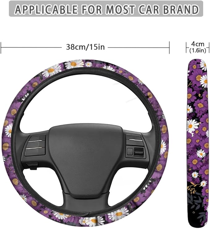 Cat Daisy Butterfly Print Auto Seat Covers Full Set, Car Accessories Set of 13, 1 Piece Steering Wheel Cover,4 Pieces Seat Belt Cover, 4 Pieces Cup Holder Coasters for Women Men