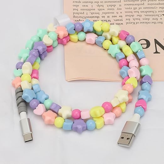 USB A to USB C Cable Beaded Charging Cord 3FT for iPhone 17 16 Pro Max 15 Car Play,Cute Type C Fast Car Charger Cable for iPhone 17e 16e 15/iPad Pro 10 11th/Samsung S26 S25 Ultra S24 Phone Girls Women