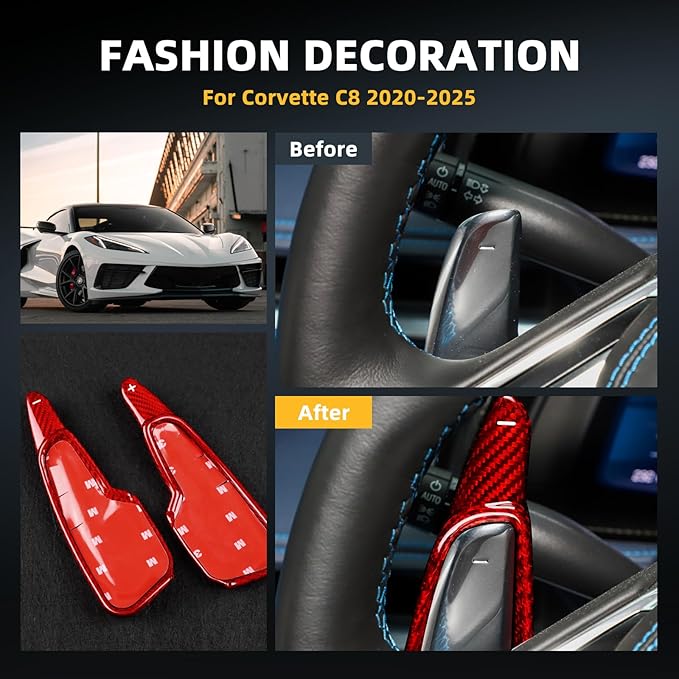 Real Carbon Fiber Steering Wheel Paddles Covers - for Corvette C8 2020 2021 2022 2023 2024 2025 Carbon Fiber Accessories, Durable Anti-Scratch Protective Accessories (Red)