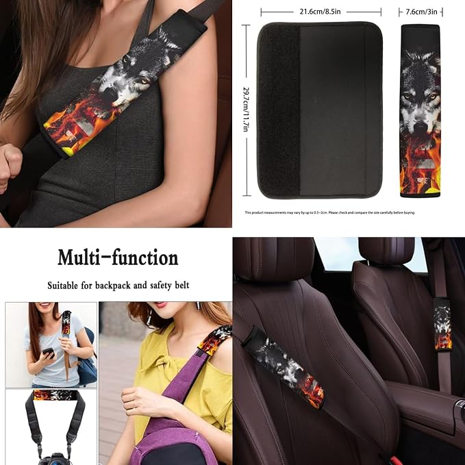 USA Flag Flame Wolf Print Car Interior Accessories Set of 8, Car Seat Covers, Auto Steering Wheel Cover, Auto Center Console Pad, Seat Belt Pads, Universal Fit Cars SUVs Trucks