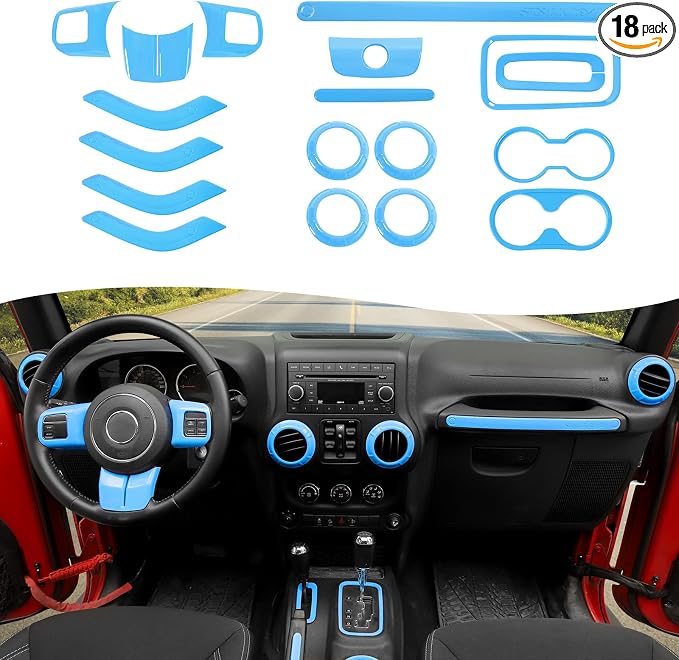 CheroCar 18PCS Interior Trim Kit for Jeep Wrangler JK JKU 2011-2018 4 Door,Steering Button Frame, Air Conditioning Vent Trim Cup Holder Cover,Gear Shift Knobs Frame,Ligth Blue…