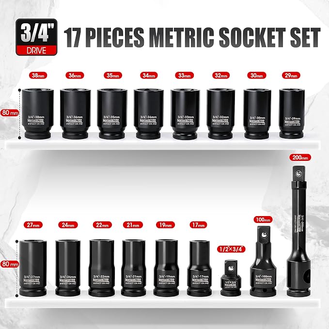 3/4" Drive Metric Deep Impact Socket Set, 17 Piece Jumbo Socket Assortment Size: 17MM - 38MM, 6-Point Design, Include 1/2" F to 3/4" M Adapter, 4", 8" Extension Bars, CR-MO Steel