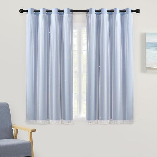XiDi Light Blue Blackout Curtains for Girls Kids Bedroom Living Room 45 Inches Long 2 Panels Star Curtains Boys Room Darkening Thermal Insulated Drapes Grommet Noise Reduction Window Treatments 34x45