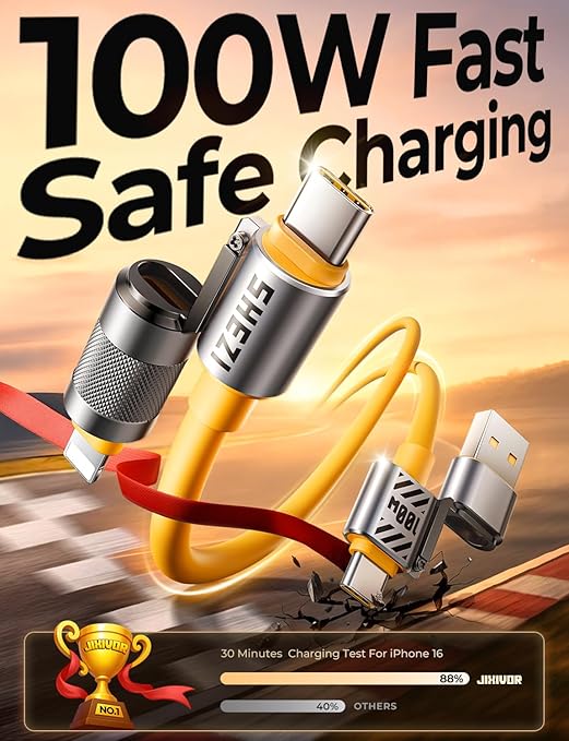 2025 Silicone 4-in-1 USB C Cable 100W Compatible with Lightning Cable Fast Charging & Data Transfer, Support to CarPlay & Android Auto, 5FT Multi Cord Combo Charger for iPhone/iPad
