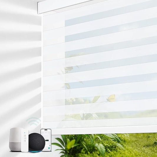 MING CHEN Motorized Blinds with Remote, Built-in Rechargeable Smart Blinds, Custom Size Electric Zebra Shades Compatible with Alexa Google 60% Blackout （White,Custom Sizes）
