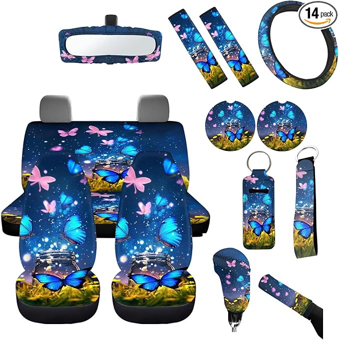 Blue Butterfly Car Seat Covers Sets 14pcs,Flower Butterfly Car Mirror Covers+Coaster+Butterfly Keychain+Gear Shift Knob Handbreak Cover+Seatbelt Pads for Women Vehicle Decor