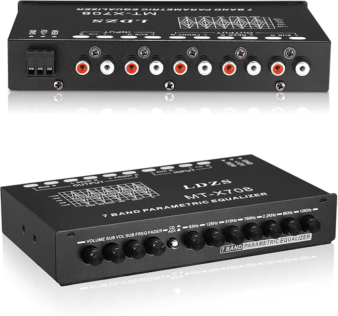 Facmogu 7-Band Car Audio Equalizer, Adjustable 7 Bands EQ Car Amplifier Graphic Equalizer with CD/AUX Input Select Switch, Front/Rear + Sub Output, for Boat RV RTV Motorcycle Car Stereo Tone Control