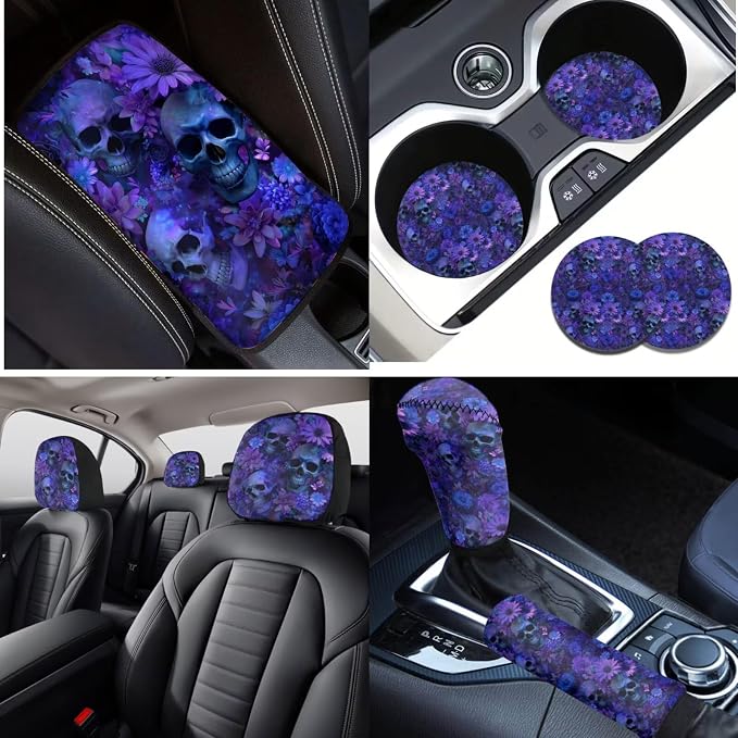 Lotusorchid Skull Print Car Seat Covers Set for Women Girls, Daisy Printed Car Seat Covers Full Set with Gear Lever Cover and Hand Brake Cover Steering Wheel Protector Vehicle Seat Belt Pad