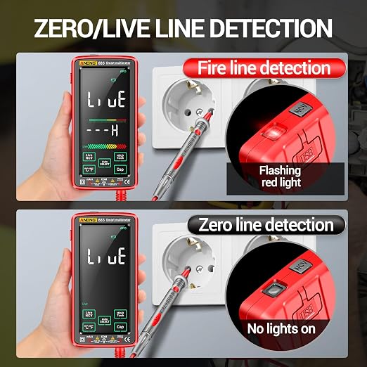 Smart Multimeter, Digital Multimeter Tester with Touch Screen 6000 Counts Auto Ranging Rechargeable A Reverse Display NCV Tester with Flashlight for Electricians, DIY (Red)