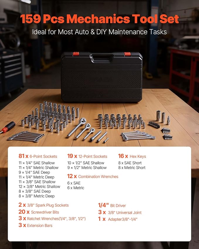 VEVOR Mechanics Tool Set, 159-Piece Mechanic Tool Kit, 1/4 in, 3/8 in, and 1/2 in Drive, SAE and Metric Socket Set, Wrenches, Screwdriver Bits, Accessories, and Storage Case, for Automotive Repair