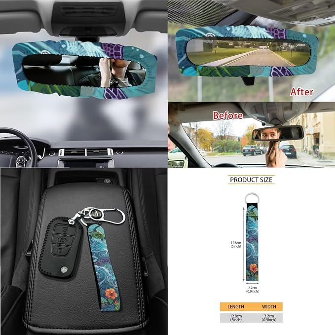 Hibiscus Turtle Printed Car Seat Cover Set 15 PCS, with Steering Wheel Cover Seat Belt Pad Garbage Bag Air Vent Pocket Rearview Mirror Cover for SUV Trucks Vans Sedans