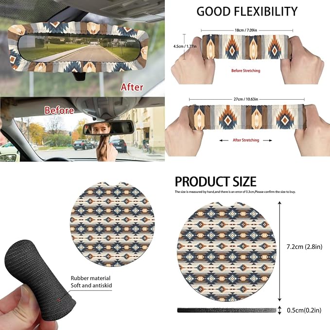 Beige Southwest Aztec Boho Car Accessories Car Seats Cover Protector, Steering Wheel Covers, Seatbelt Cover, Car Trash Can, Cup Coasters, Rearview Mirror Cover, Keychains, Pack of 15