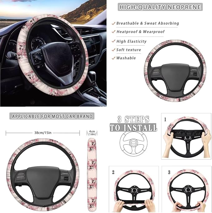 Skull Print Car Interior Cover Set of 14 Peach Blossom Print Front and Rear Split Bench Seat Covers with Steering Wheel Cover Center Console Pad Safety Belt Pads for SUV Truck Sedan
