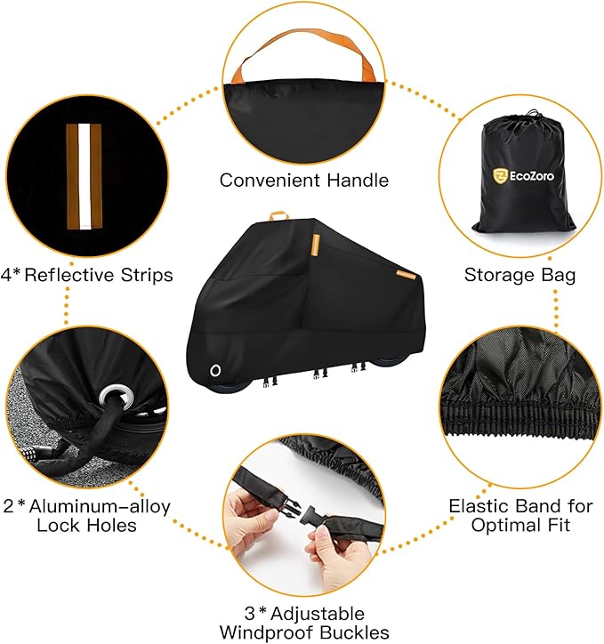300D Heavy Duty Motorcycle Cover - All Season Waterproof Outdoor Protection with Lock-Holes, Night Reflective & Storage Bag Fits up to 108" Cruiser, Touring, Sportbike, Dirt Bike, Scooter