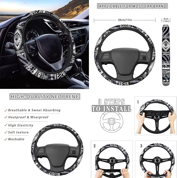 Wanyint Car Seat Cover Full Set 12 PCS, with Steering Wheel Seat Belt Strap Armrest Pad Handbrake Cover Gear Shift Cover Coasters Universal Fit for Truck Vans Sedans, Aztec Navajo Zebra Print