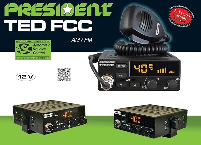 President Ted FCC AM/FM 40 Channel Compact CB Radio, LED Display, Emergency Channels, Automatic Squelch Control, PTT, 6pin MIc Plug, Time Out Timer, Key Beep, 2 Years Manufacture Warranty