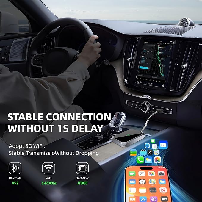 Wireless CarPlay Adapter, 2 in 1 for Apple Carplay and Android Auto Adapter USB-C/USB-A Plug & Play for iOS 7.1+ & Android, Seamless Stable Auto-Reconnect, No delay(Black)