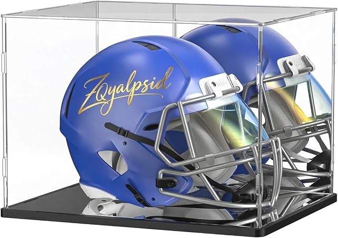 Football Helmet Display Case, Clear Acrylic Display Box for Full Size Football & Baseball Helmets, Mirrored Back & Bottom, Black Base, Dust-Resistant Showcase, 14.9" x 11.8" x 11.8"
