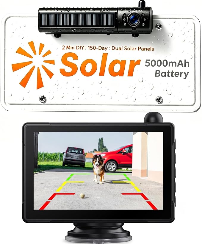 Solar Wireless Backup Camera with 5" 1080P Monitor,Auto On Off, 2-Min DIY Installation, 180° Adjustable Camera, Anti-Theft, Split Screen, IP69K Waterproof for Car Truck RV