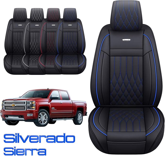 Aierxuan 2Pcs Front Chevy Silverado GMC Sierra Car Seat Covers, Custom Fit 2007-2026 1500 2500 HD 3500 HD Crew, Double, Extended Cab or Pickup Truck, with Waterproof Faux Leather (Black and Blue)