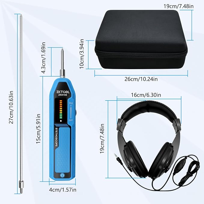 ZKTOOL Automotive Electronic Mechanics Stethoscope Electronic Ear Diagnostic Device Kit EM410, with Short and Long Probe, Headphones, Engine Noise Finder Detector Tester, Frequency Range 20Hz~20KHz