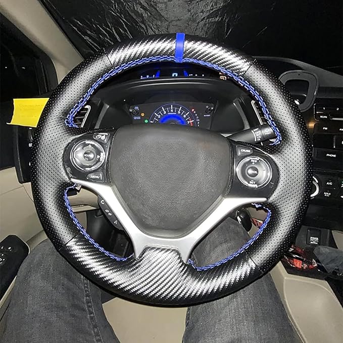 Loncky Carbon Fiber Black Genuine Leather Steering Wheel Cover for Honda Civic 9 Civic 2012 2013 2014 2015 Hand Stitched Custom Fit Car OEM Parts Interior Accessories