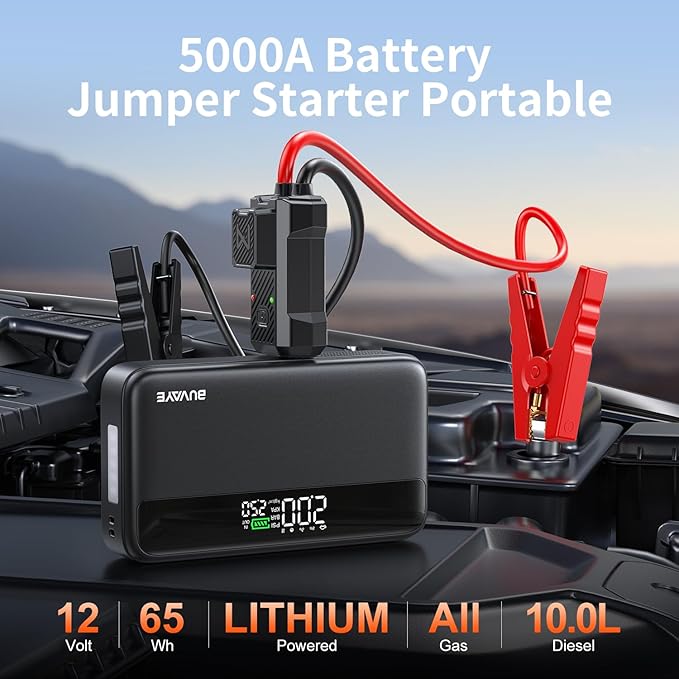 Jump Starter with Air Compressor, 5000A Battery Jumper Starter Portable (All Gas and 10L Diesel) with 150PSI Auto-Shutoff Tire Inflator 12V Car Battery Charger with Jumper Cable LED Light