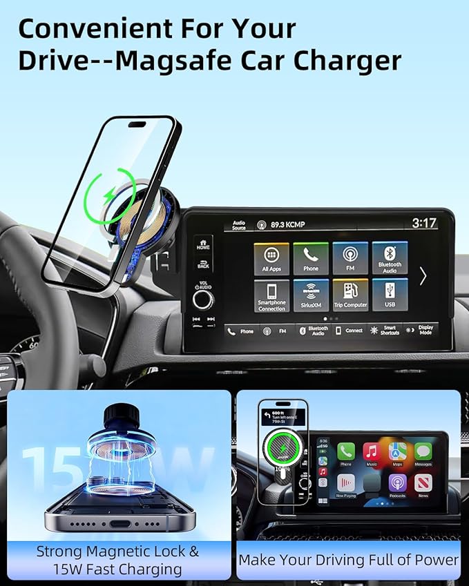 PZK Car Phone Holder for Toyota Camry 2021-2024 LE/SE/SE Nightshade/TRD Accessories 7-Inch Screen Fixed Clip Magnetic 15W Fast Wireless Charger Car Phone Mount 360° Rotation (Not Fit 9-Inch)
