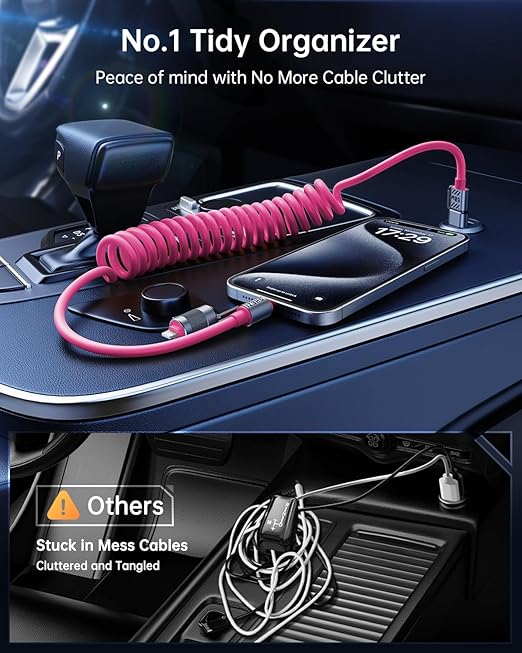 4-in-1 Coiled USB C Cable for Car 5FT [60W Fast Charging] Compatible with Lightning Cable [CarPlay & Android Auto] Multi Charger Cord Combo with L/Type C/USB A Ports for iPhone/iPad (Pink)