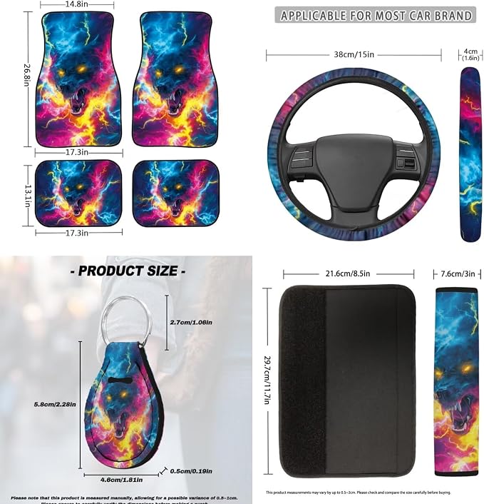 18 Pcs Cool Lightning Wolf Car Interior Accessories Set, Car Seat Covers Full Set with Auto Steering Wheel Cover Floor Mats Armrest Pad Seat Belt Pads Handle Wraps Cup Coaster Keychain
