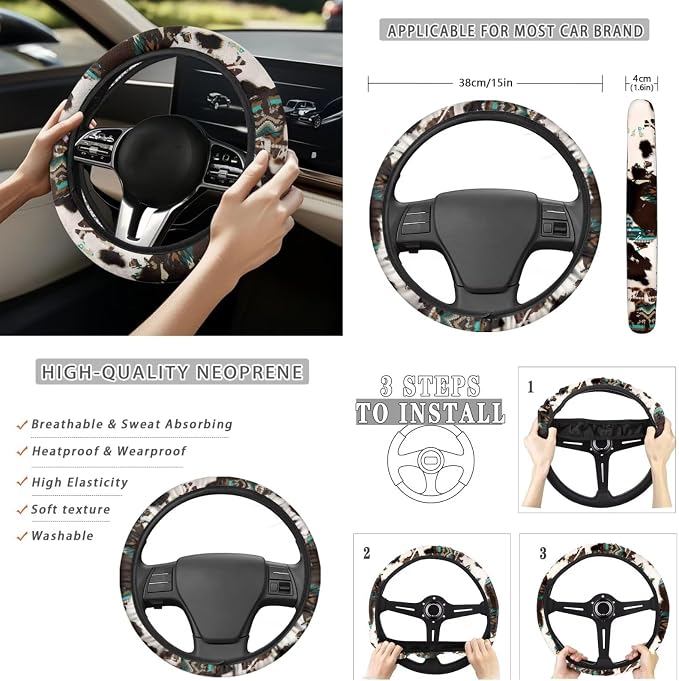 Funny Cow 13 Pcs Car Seat Covers with Steering Wheel Cover,Seat Belt Covers Cup Holder with Keychain Novelty Automotive Protector Set Universal Fit Automotive Most Cars