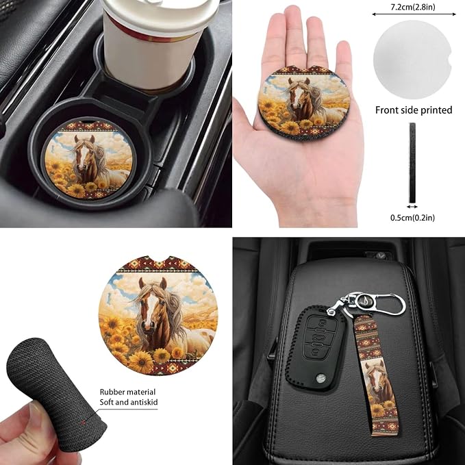 Horse Automotive Seat Covers Decor Accessory 14pcs Southwestern Tribal Aztec Horse Vehicle Seats Cushion for Front Rear Bench,with Absorbent Coaster,Auto Rear View Mirror Cover,Keychain