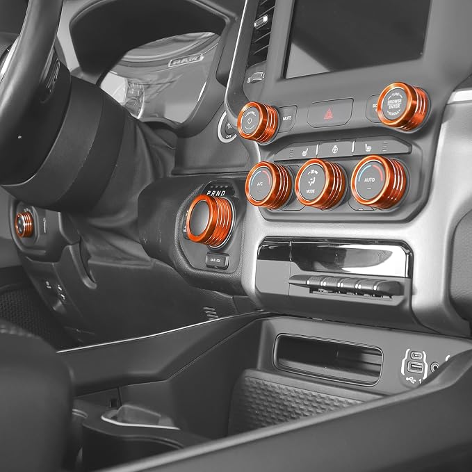 Jimen for Ram Center Console Knob Covers, 7PCS AC Air Conditioner Audio Volume Button & Headlight Switch & 4WD Shifter Knob Ring Trim Fit for Dodge Ram 2018-2025 (Orange)