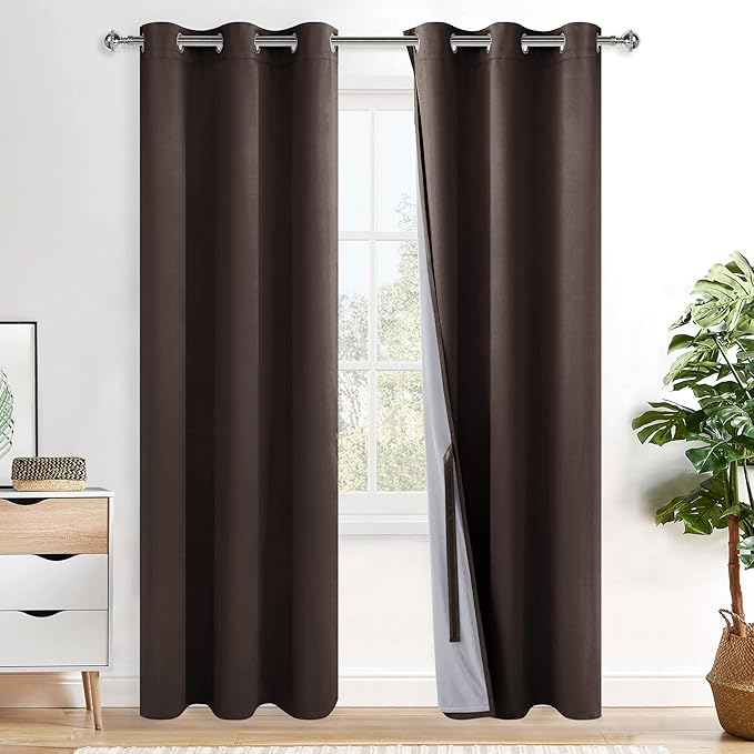 XWZO 100% Blackout Curtains with Tiebacks- Heat and Full Light Blocking Window Panels with Grommets for Bedroom/Nursery, 84 Inches Long Thermal Insulated Draperies, Brown, W42 x L84, Set of 2