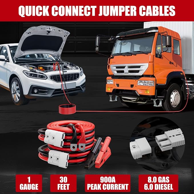 Heavy Duty Jumper Cables for Car Battery, 1 Gauge 30 Feet 900AMP Quick Connect Booster for Jump Starting Dead or Weak Batteries, Suitable for 8L Gas & 6L Diesel, Carrying Bag Included