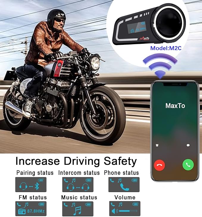 MAXTO Motorcycle Bluetooth Headset M2C 1000M 6 Riders Group Helmet Communication System with LCD Screen Universal Motorbike Intercom Waterproof Casco de Motor Intercomunicador FM/GPS/Siri(1 Pack)