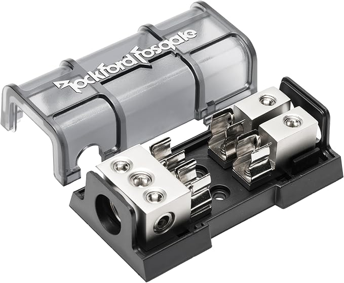 Rockford Fosgate RFFDAGU Platinum Plated AGU Style Fused Distribution Block with 1/0 AWG and 4 AWG Inputs and Two 4 AWG/8 AWG Outputs