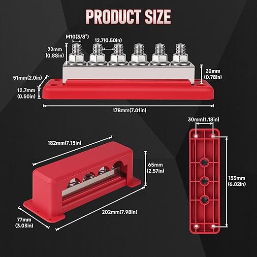 CNSPEED﻿ 2Pcs 600A Bus Bar Power Distribution Block 12-48V Terminal Block 6x3/8(M10) Studs Marine Battery Bus Bar with Waterproof Cover Quick Mount for Automotive Car Boat Solar System Red & Black