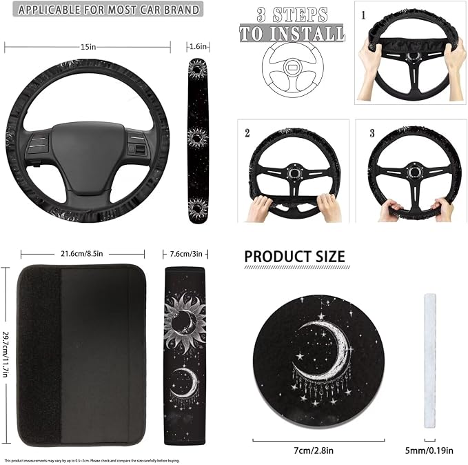 Moon Stars Car Seat Covers Black Auto Front Back Seat Covers Set of 12，Univesal Fit Moon Stars Cup Mat+Keychain+15Inch Elastic Steering Wheel Cover+Safety Seatbelt Cushion Car Interior Set