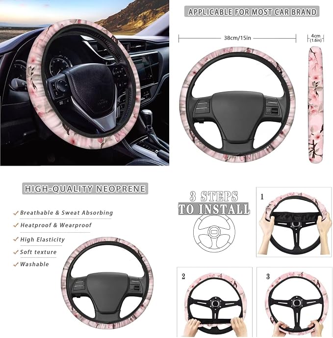 Pink Cherry Blossom Butterfly Car Seat Covers for Women Lady，12 Pcs Flower Car Steering Wheel Cover Shoulder Seatbelt Pad Armrest Cushion Keychain Car Coaster Universal Fit Most Vehicle