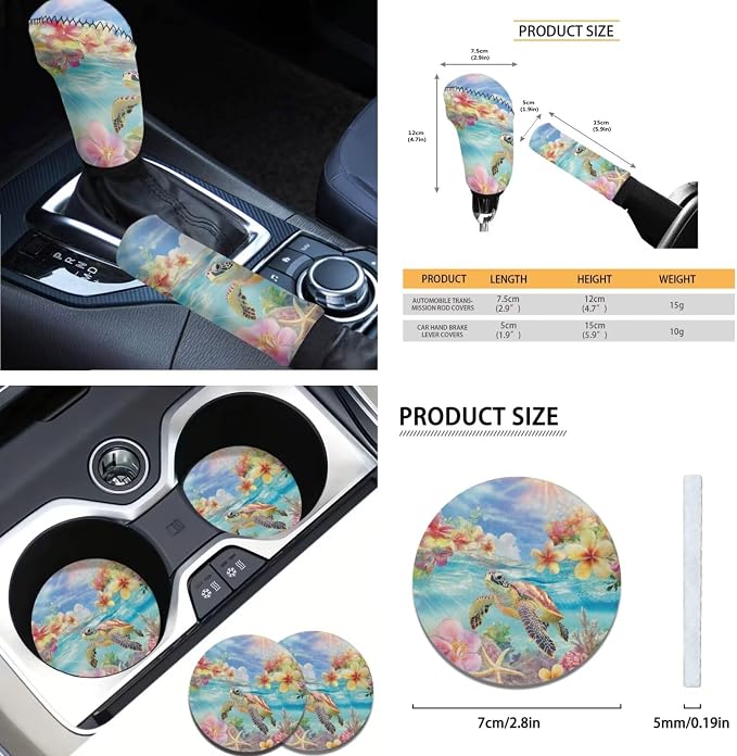 AFPANQZ Sea Turtle Tropical Flower Car Seat Covers with Steering Wheel Cover, Seat Belt Shoulder Pads, Cup Holder Coasters, Gear Shift Knob and Handbrake Protector Cushion Full Set of 11 for Women
