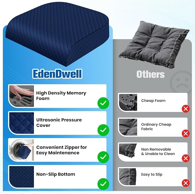 Seat Cushion for Office Chair, Memory Foam Chair Cushions, Car Seat Cushion for Long Sitting, Desk Chair Cushion for Pressure Relief, Non-Slip Bottom, Washable Cover, Large, Blue