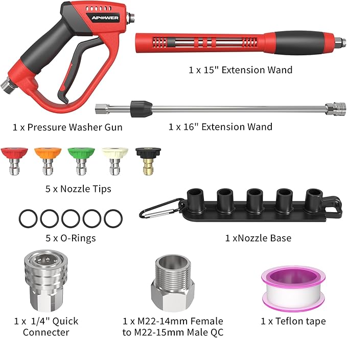 Pressure Washer Gun, with Replacement Wand Extension, 40 Inch Power Washer Long Gun with 5 Nozzle Tips and M22 fittings, Max 5000 PSI